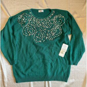 NEW Vtg Santoria Green Beaded Pearls Angora Beaded Sweater‎ Sz Large SOFT